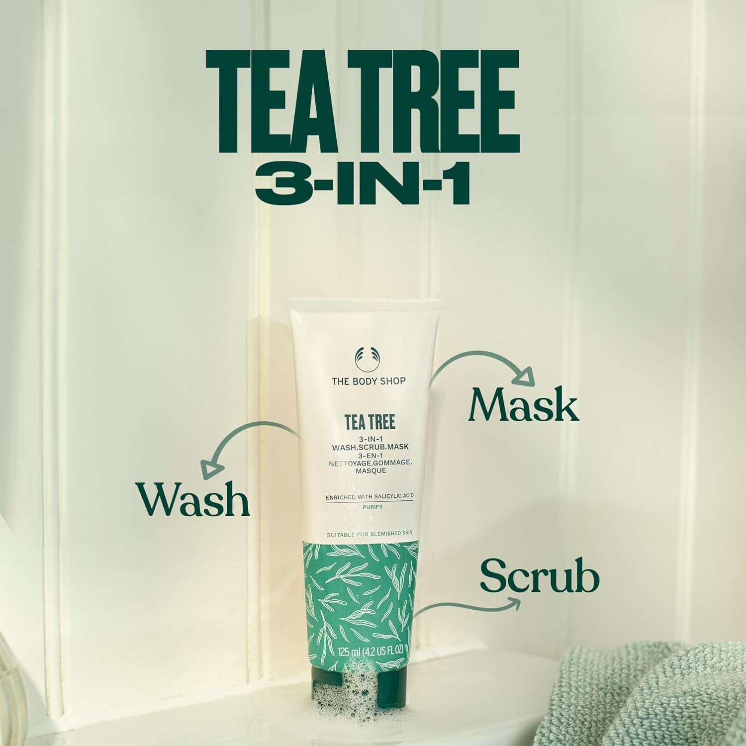 Tea Tree 3 in 1 Wash Scrub & Mask – Purifying Vegan Skincare for Oily, Blemished Skin – 4.2 Oz